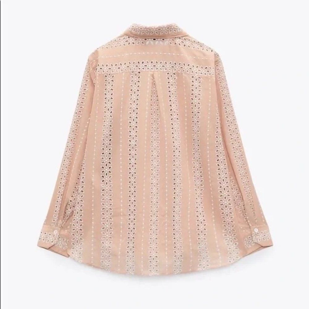 ZARA Openwork Cutwork Embroidered Shirt Pink New - Picture 2 of 5
